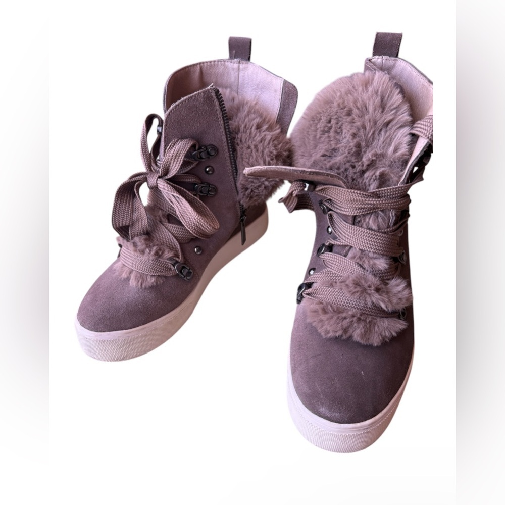 J/Slides Nyc Whitney Taupe And Faux Fur Wedge Boo… - image 1